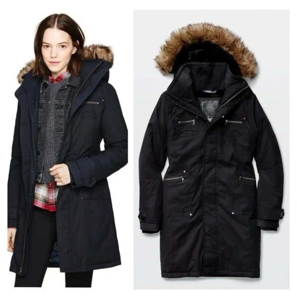 TNA Verbier Parka Jacket XS Black Fur Trim Coat